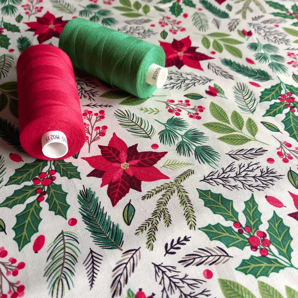 Christmas Sprigs & Leaves Printed Cotton Fabric - Green & Red on Ivory