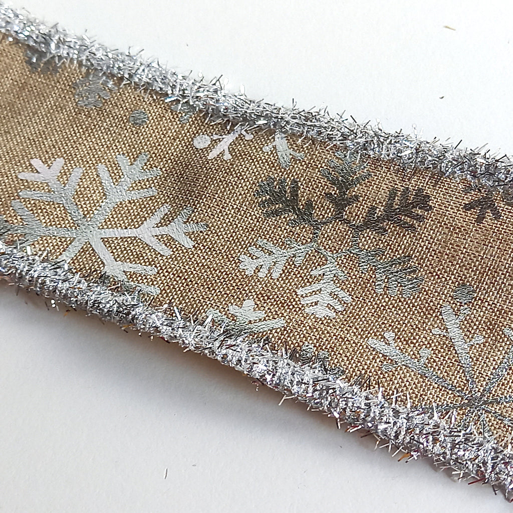 Silver Snowflake Hessian Wired Edge Ribbon - 63mm wide