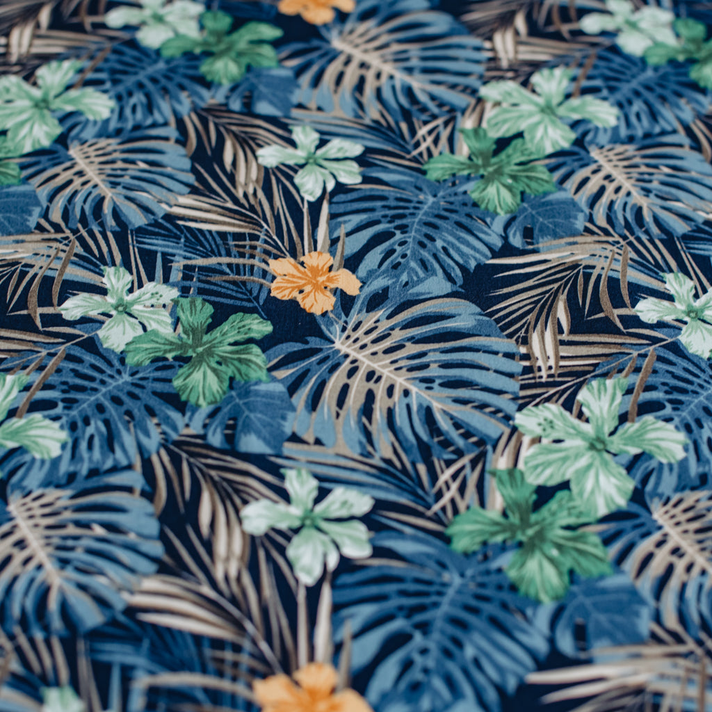 Tropical Leaves Printed Cotton Poplin Fabric - Navy & Green