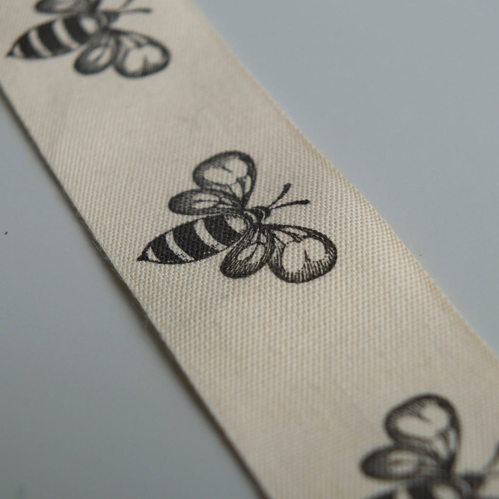 2 metres of Cream Cotton Ribbon with Bee Print - 25mm wide
