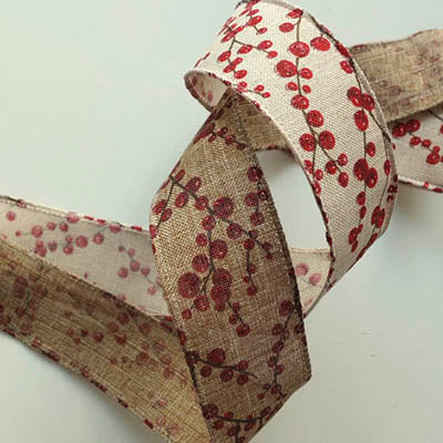 Wired Edge Ribbon Glitter Red Berries Print - 38mm wide