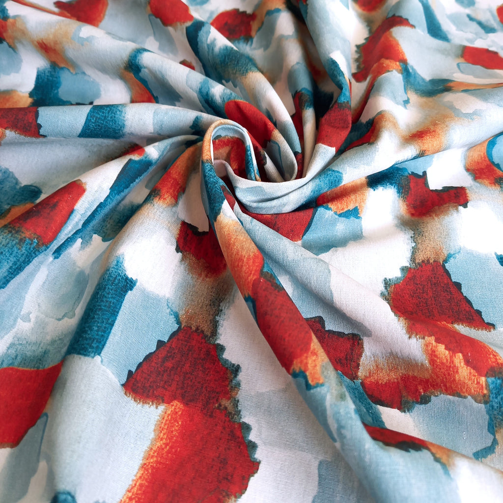 Abstract Brushstroke Printed Cotton Fabric - Teal / Rust