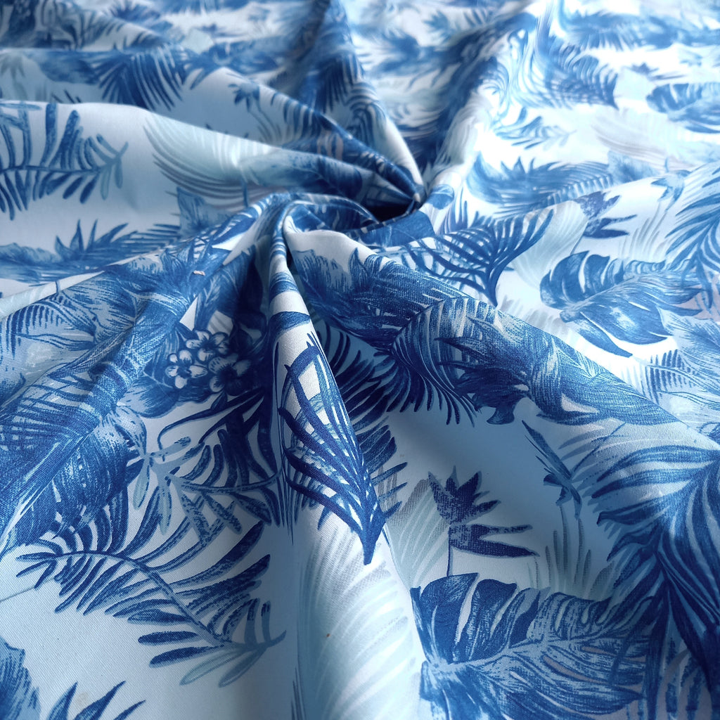 Tonal Tropical Leaves Printed Cotton Poplin Fabric - Blue