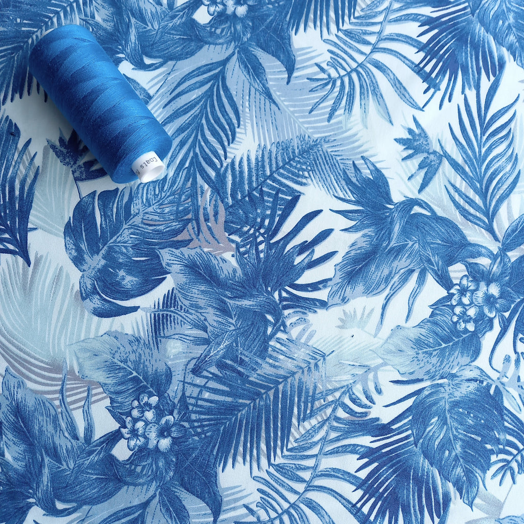Tonal Tropical Leaves Printed Cotton Poplin Fabric - Blue
