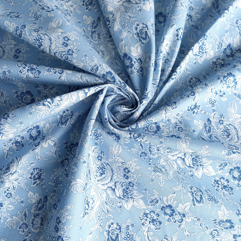 Tonal Floral Printed Cotton Poplin Fabric - Light Blue