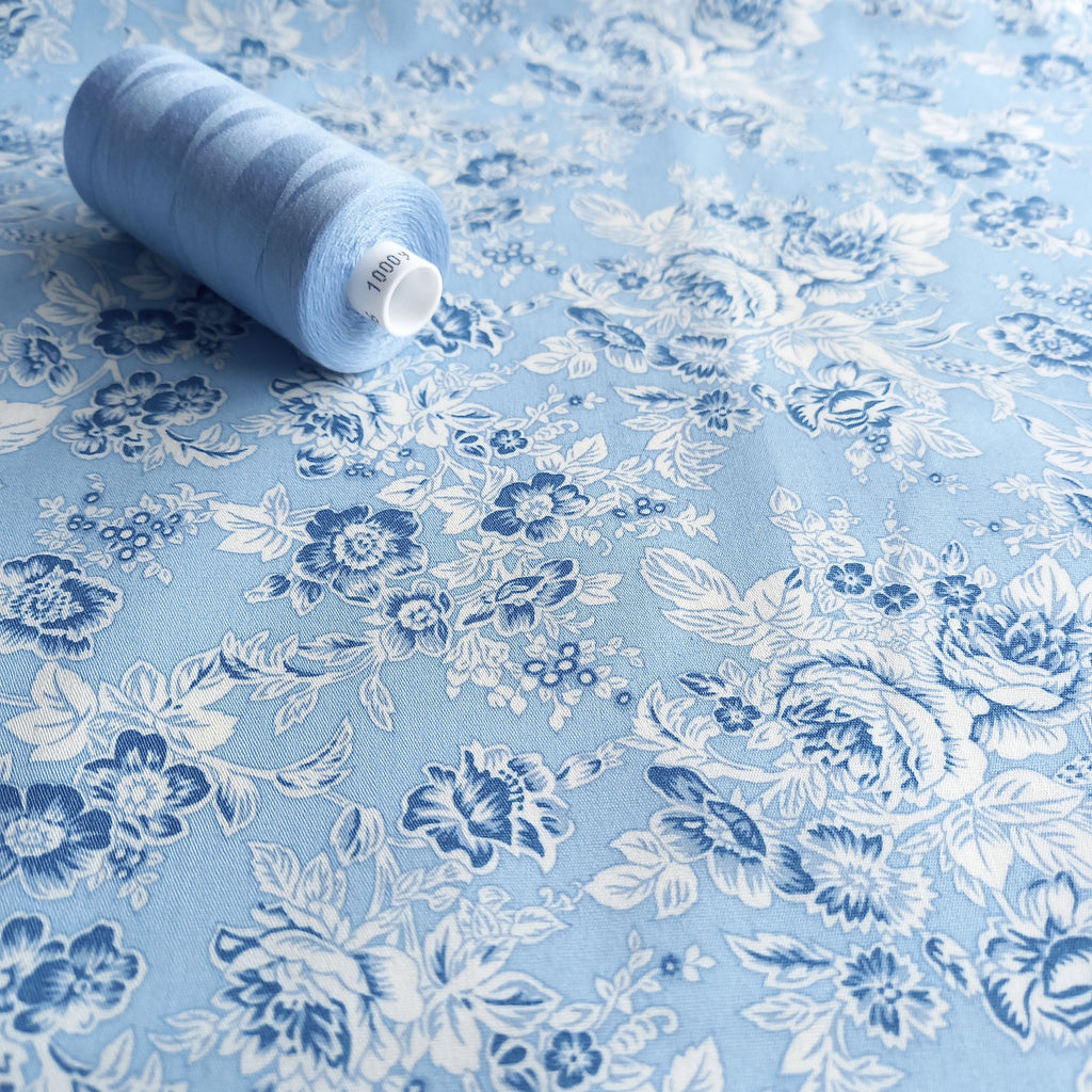 Tonal Floral Printed Cotton Poplin Fabric - Light Blue