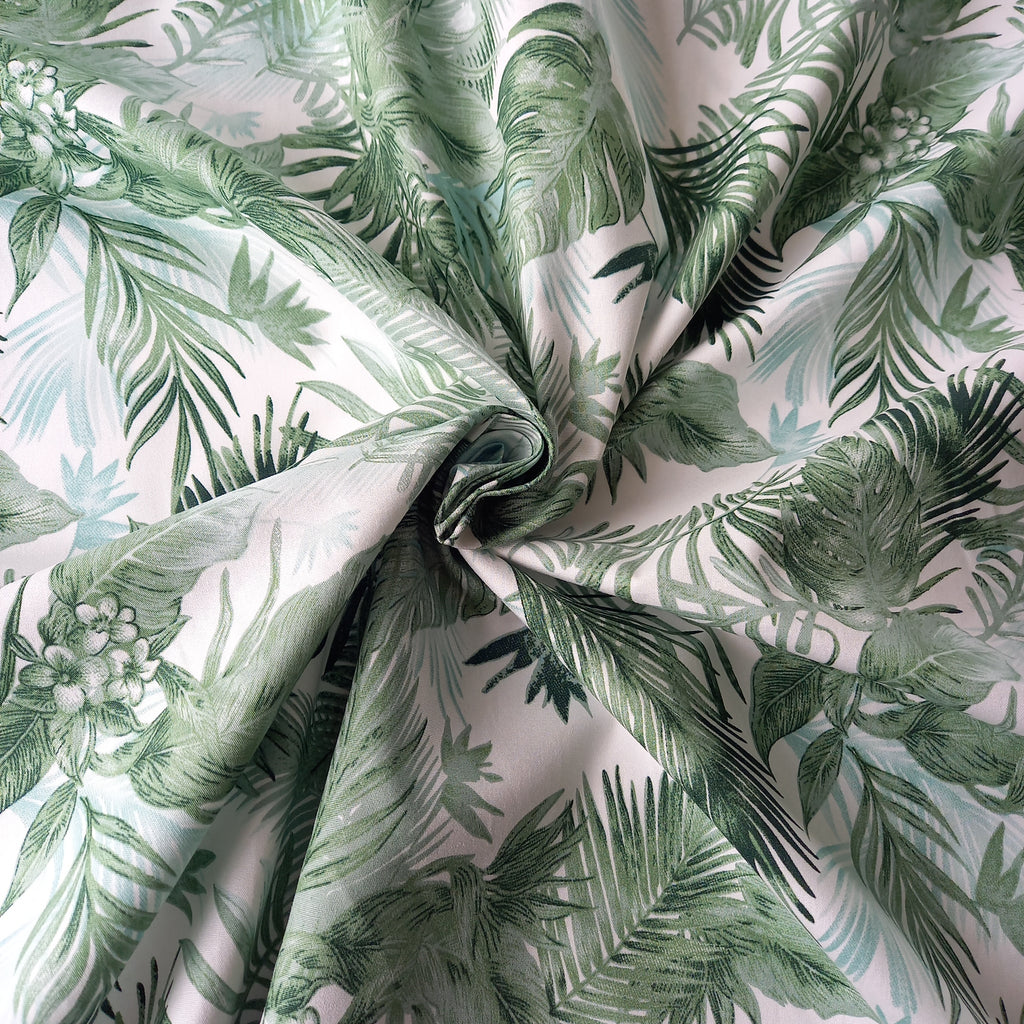 Tonal Tropical Leaves Printed Cotton Poplin Fabric - Green