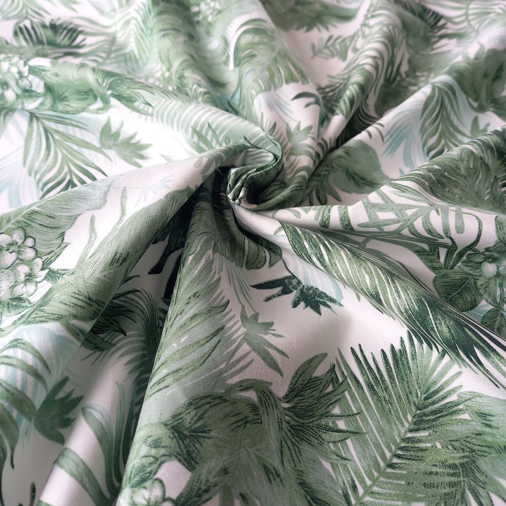 Tonal Tropical Leaves Printed Cotton Poplin Fabric - Green