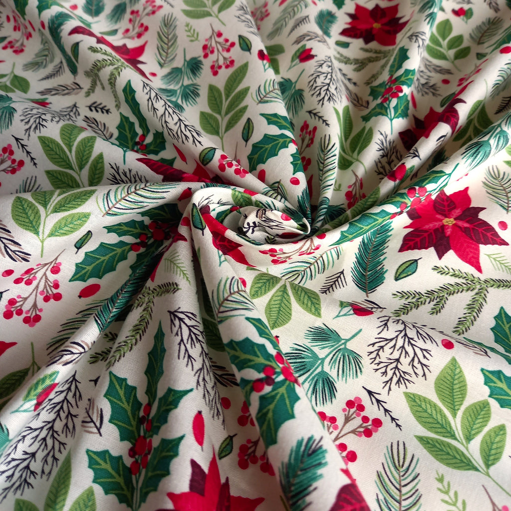 Christmas Sprigs & Leaves Printed Cotton Fabric - Green & Red on Ivory