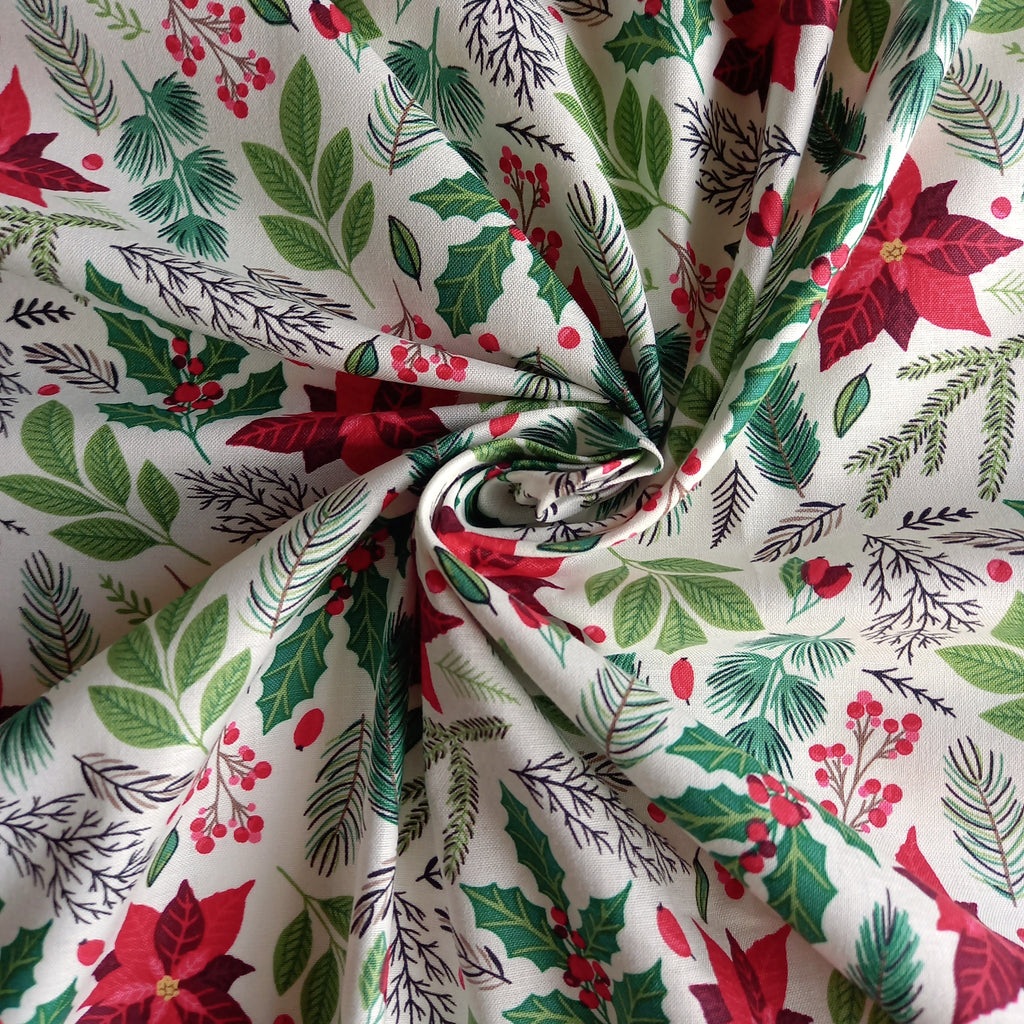 Christmas Sprigs & Leaves Printed Cotton Fabric - Green & Red on Ivory