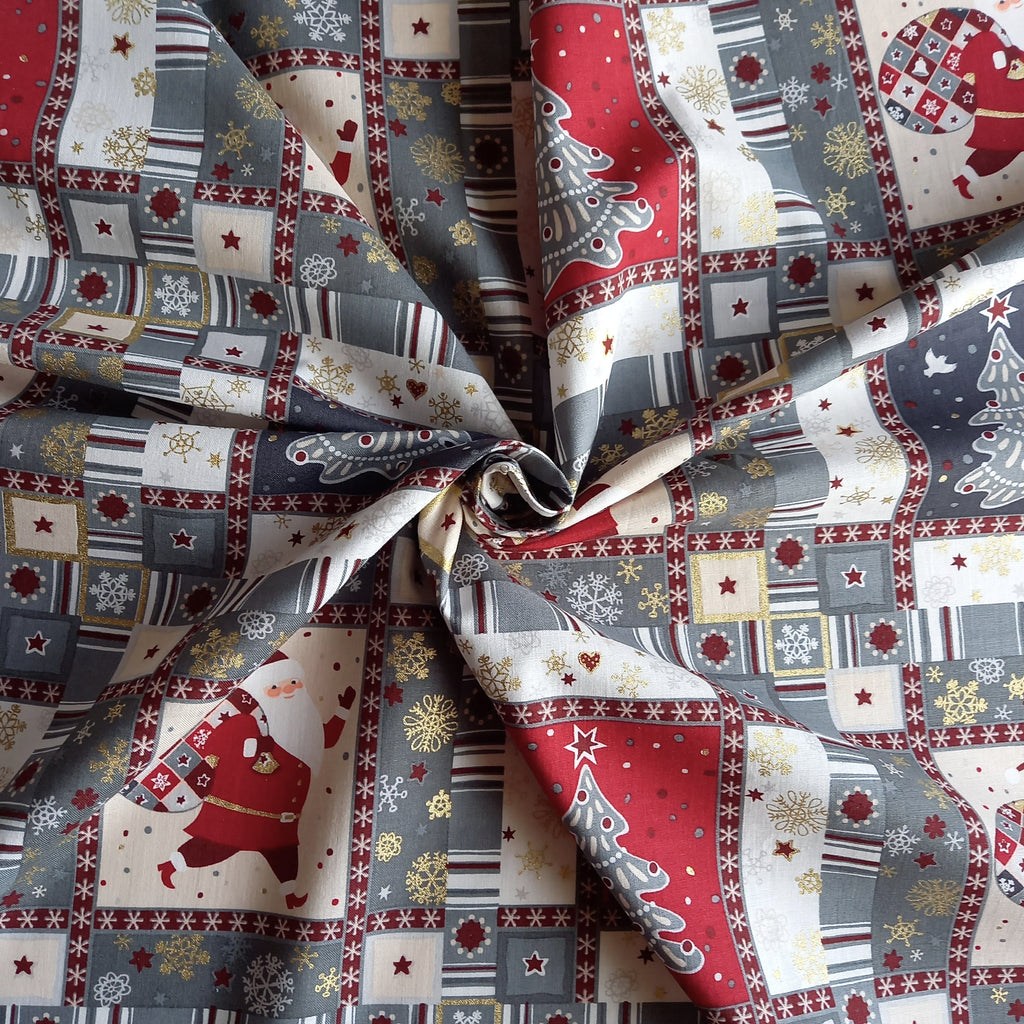 Patchwork Christmas Printed Cotton Fabric - Grey Gold & Ivory