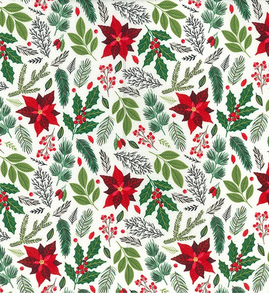 Christmas Sprigs & Leaves Printed Cotton Fabric - Green & Red on Ivory