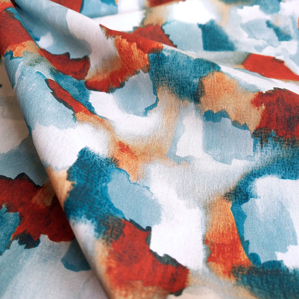 Abstract Brushstroke Printed Cotton Fabric - Teal / Rust