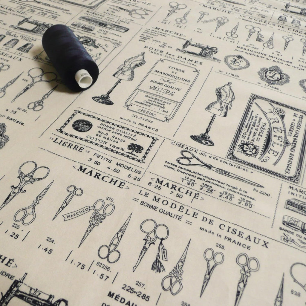 Vintage Sewing Theme Printed Cotton Poplin Fabric - Cream
