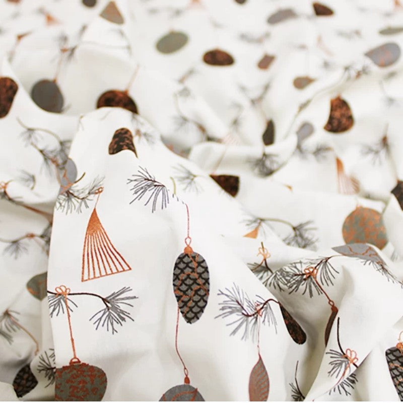 Christmas Bauble Decorations with Foil Printed Cotton - Cream & Grey
