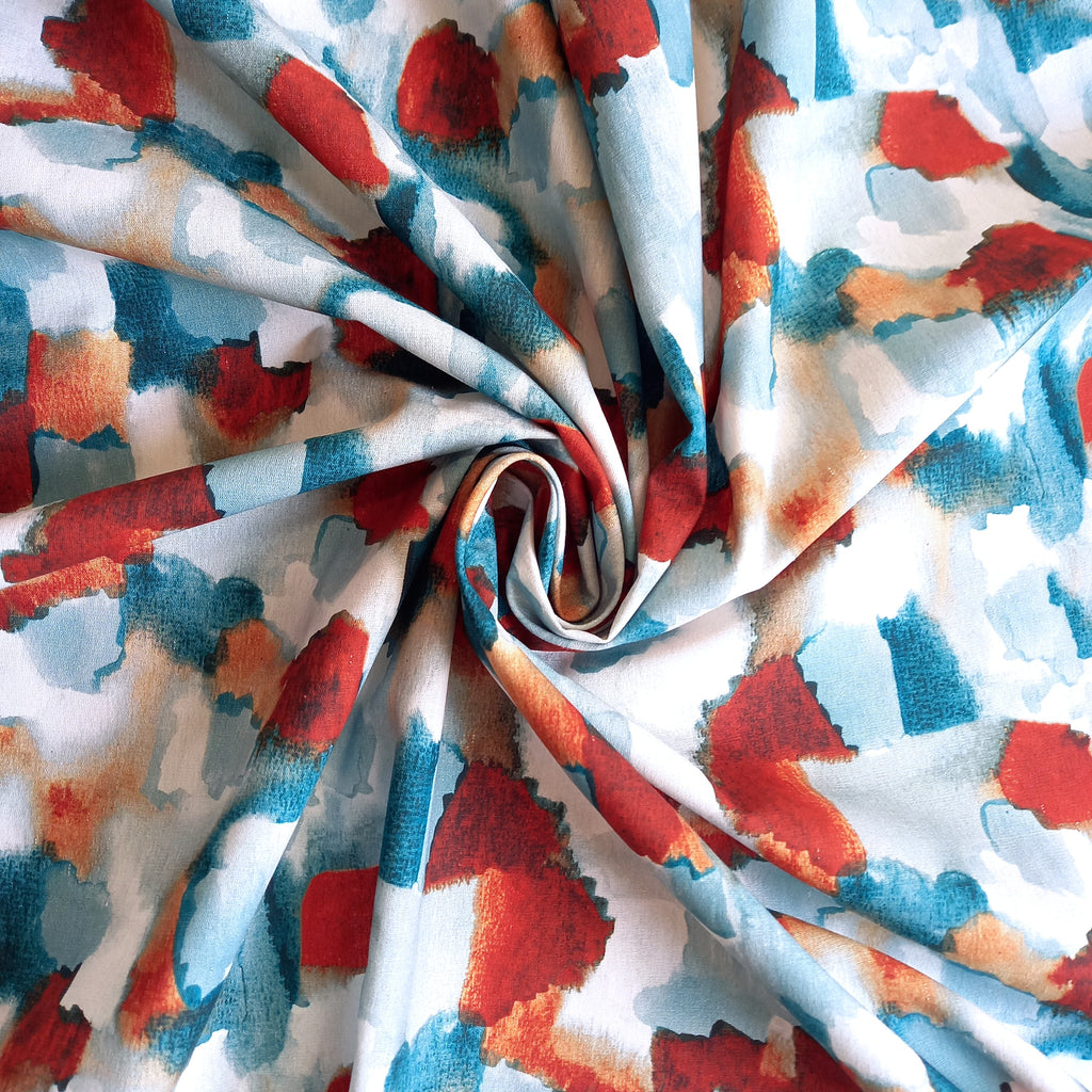 Abstract Brushstroke Printed Cotton Fabric - Teal / Rust