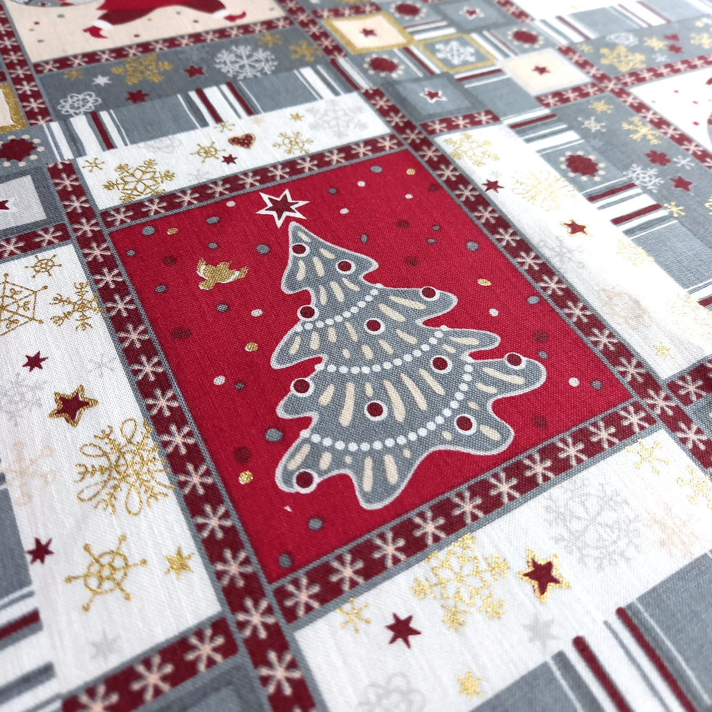 Patchwork Christmas Printed Cotton Fabric - Grey Gold & Ivory