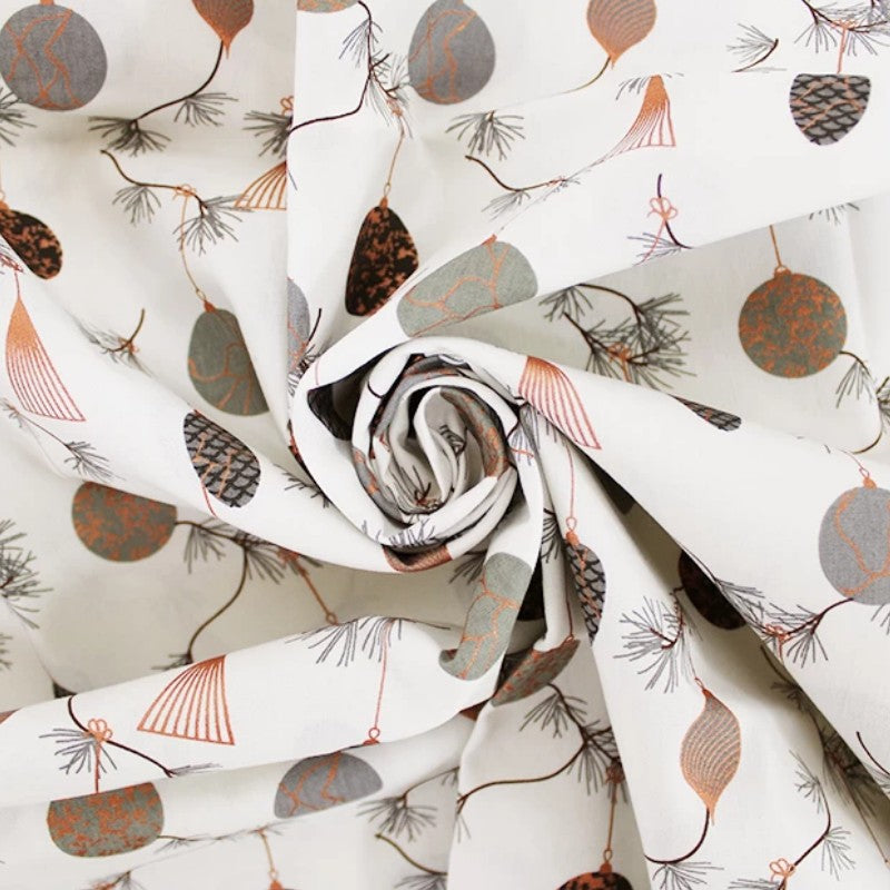 Christmas Bauble Decorations with Foil Printed Cotton - Cream & Grey
