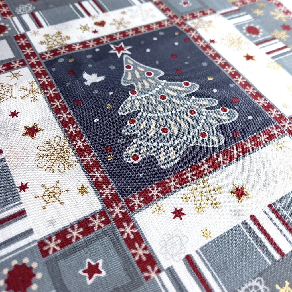 Patchwork Christmas Printed Cotton Fabric - Grey Gold & Ivory