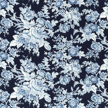 Tonal Floral Printed Cotton Poplin Fabric - Navy