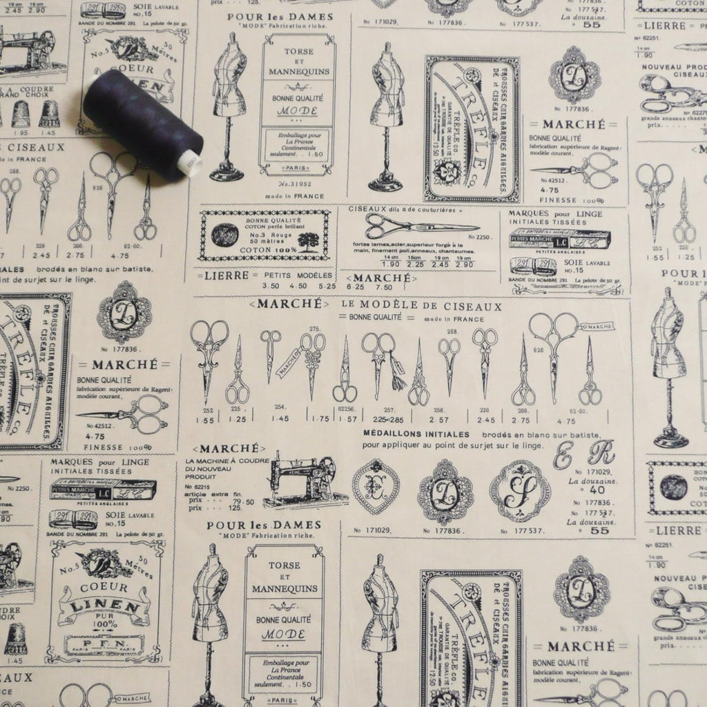 Vintage Sewing Theme Printed Cotton Poplin Fabric - Cream
