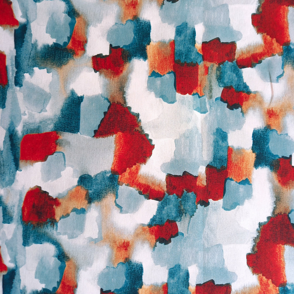Abstract Brushstroke Printed Cotton Fabric - Teal / Rust