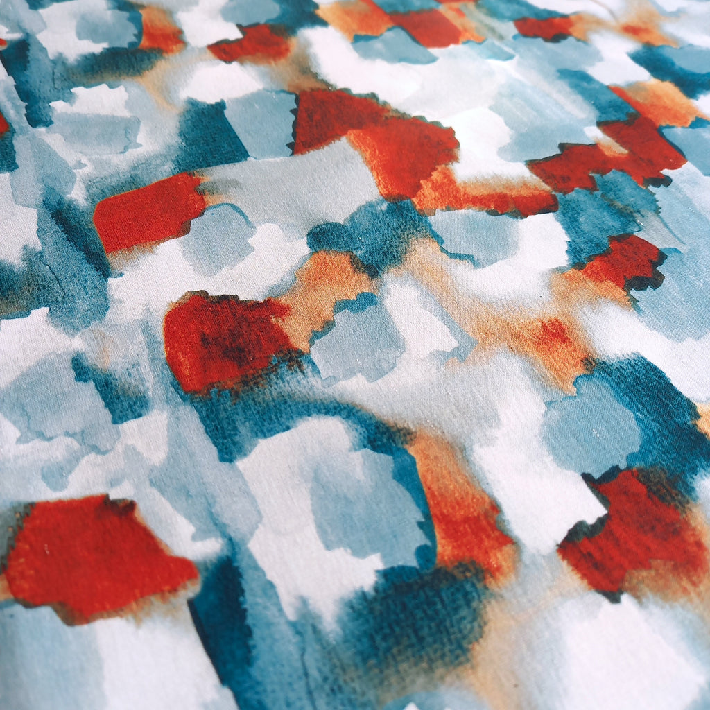Abstract Brushstroke Printed Cotton Fabric - Teal / Rust