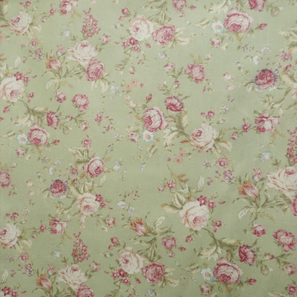 Vintage Floral Printed Cotton Poplin Fabric - Sage Green