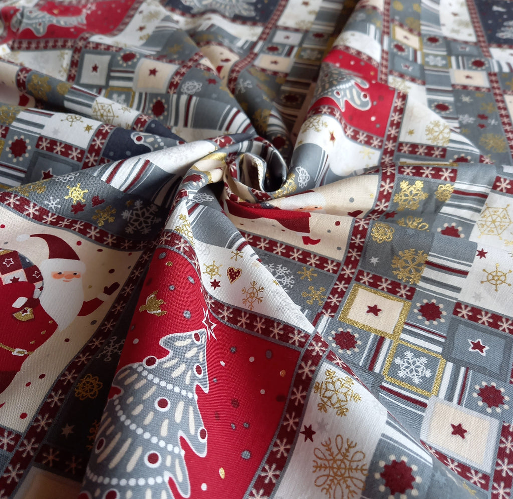 Patchwork Christmas Printed Cotton Fabric - Grey Gold & Ivory
