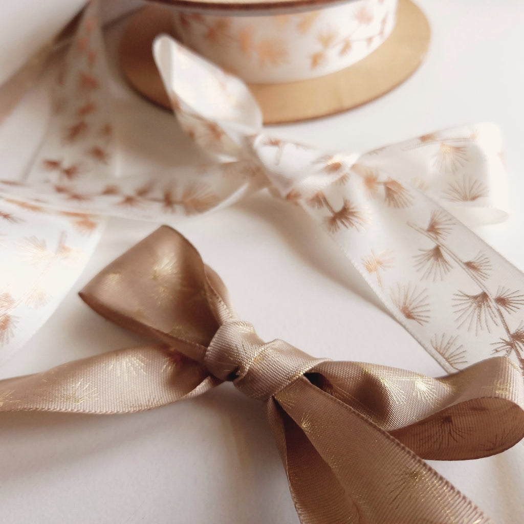 2m of Branch Print Ribbon – Ivory & Copper, Beige & Gold