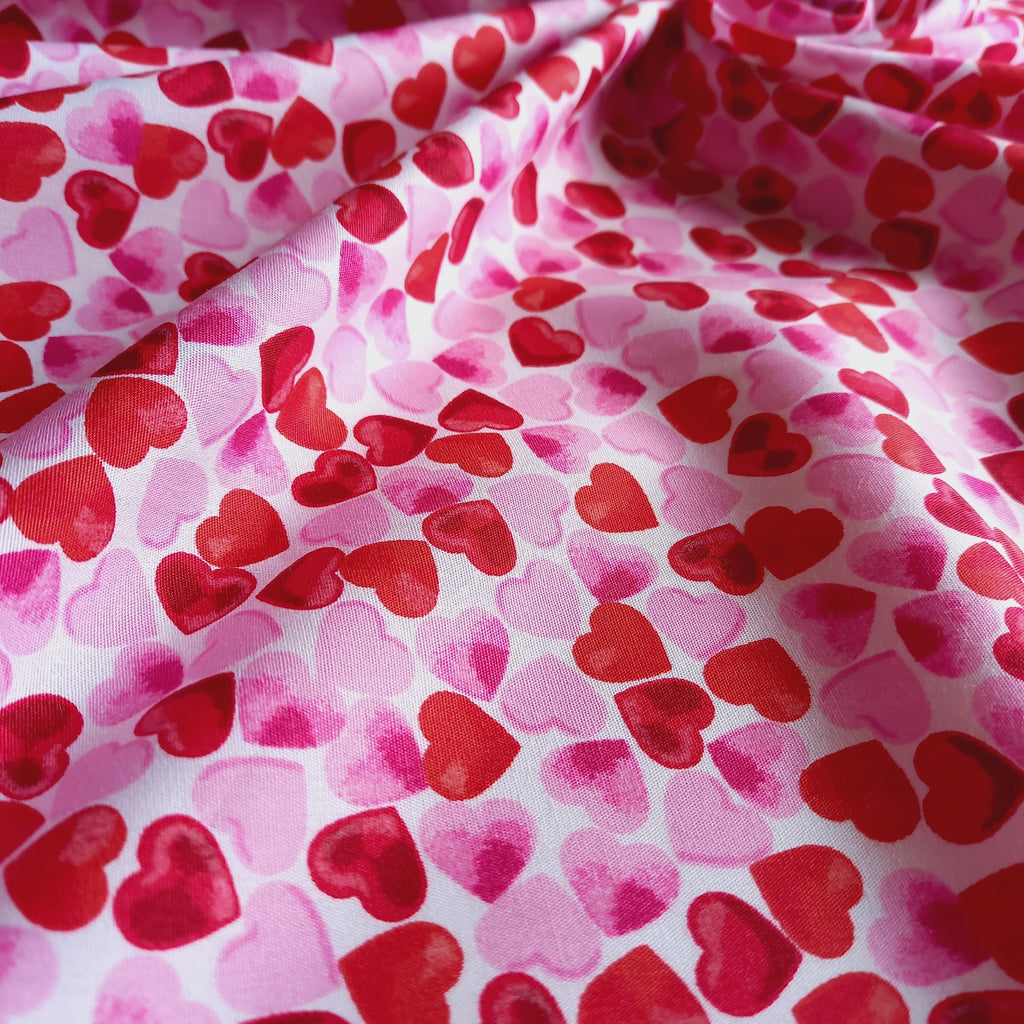 Red and Pink Valentine Hearts 100% Cotton Poplin Fabric