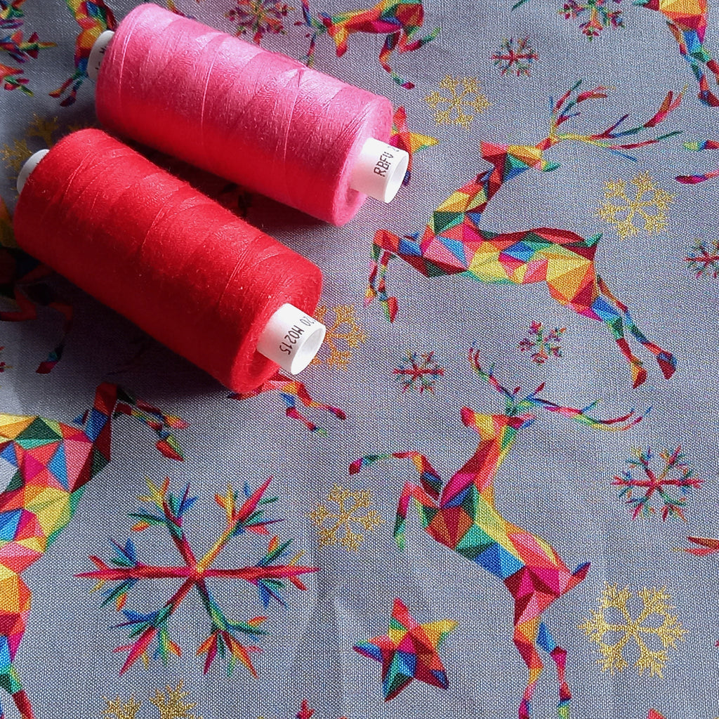 Rainbow Reindeer Multicoloured Digital Print Grey Christmas Fabric - 100% Cotton
