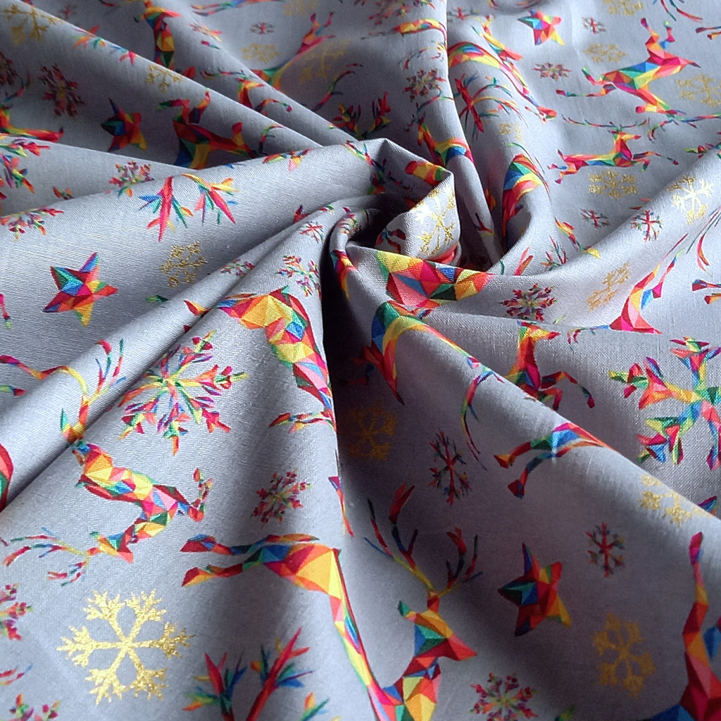 Rainbow Reindeer Multicoloured Digital Print Grey Christmas Fabric - 100% Cotton