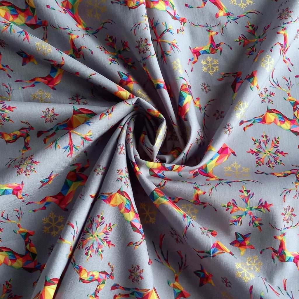 Rainbow Reindeer Multicoloured Digital Print Grey Christmas Fabric - 100% Cotton