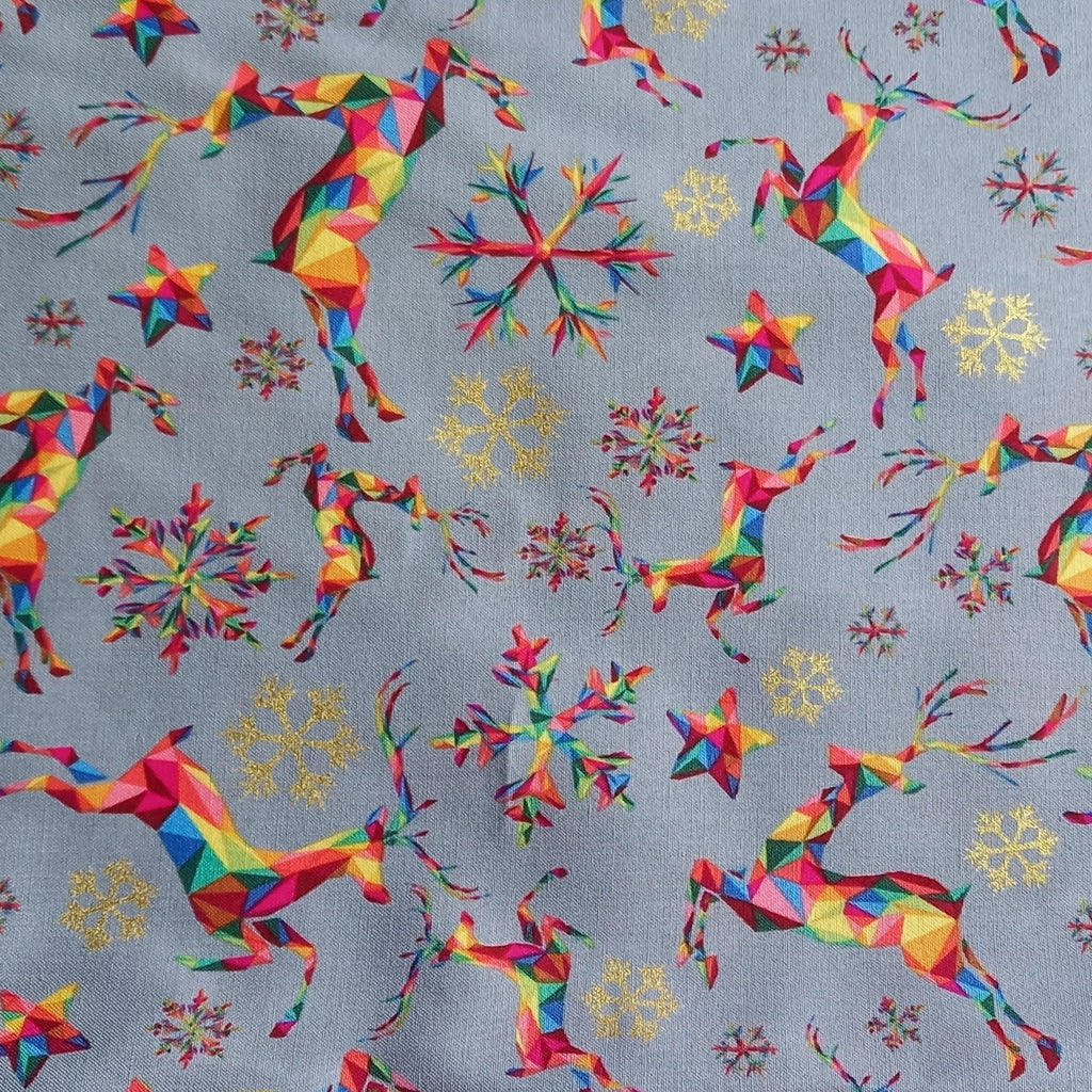 Rainbow Reindeer Multicoloured Digital Print Grey Christmas Fabric - 100% Cotton