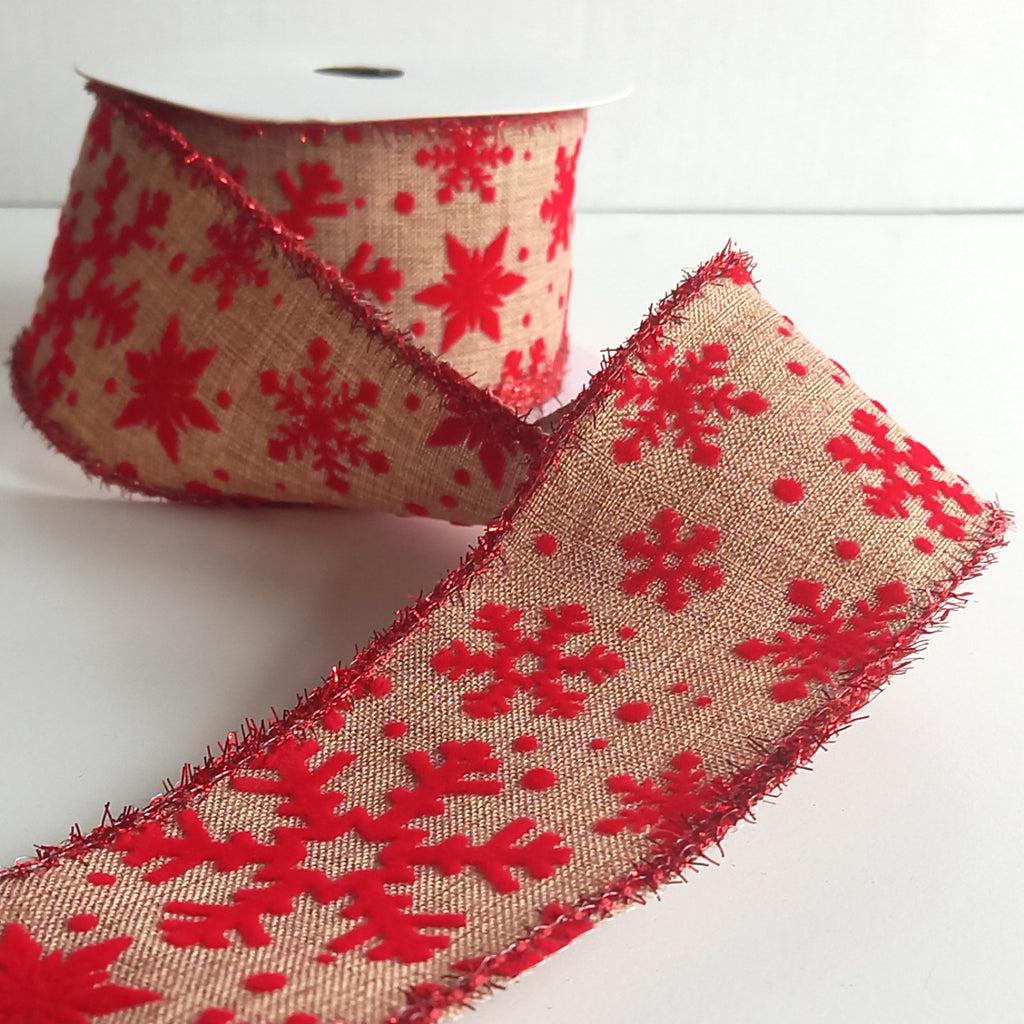 Red Flock Snowflake Hessian Wired Edge ribbon - 63mm wide
