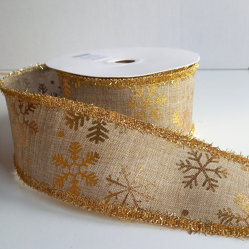 Gold  Snowflake Hessian Wired Edge Ribbon - 63mm wide