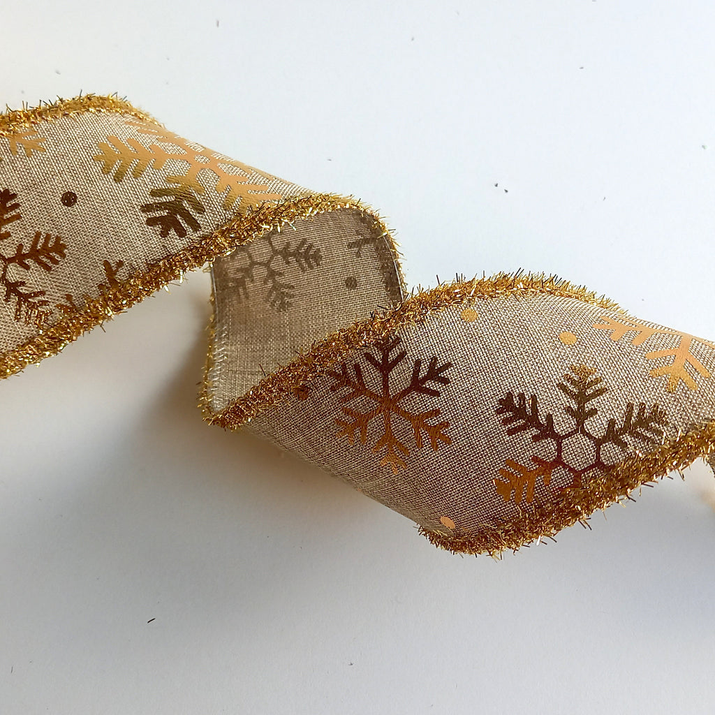 Gold  Snowflake Hessian Wired Edge Ribbon - 63mm wide