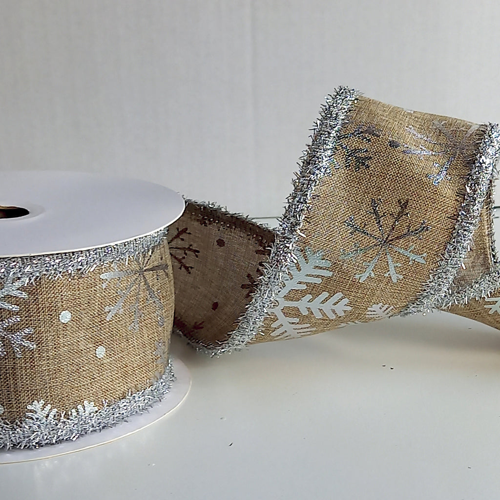 Silver Snowflake Hessian Wired Edge Ribbon - 63mm wide