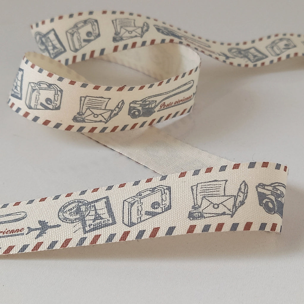 2 metres of Cream Cotton Ribbon with Travel Print - 20mm wide