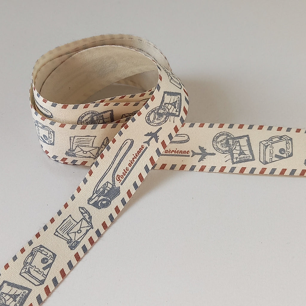 2 metres of Cream Cotton Ribbon with Travel Print - 20mm wide