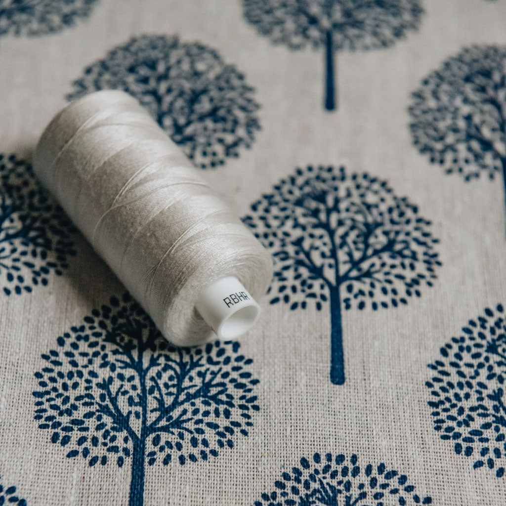 Navy Blue Tree Print on Cotton & Linen Light Canvas Fabric