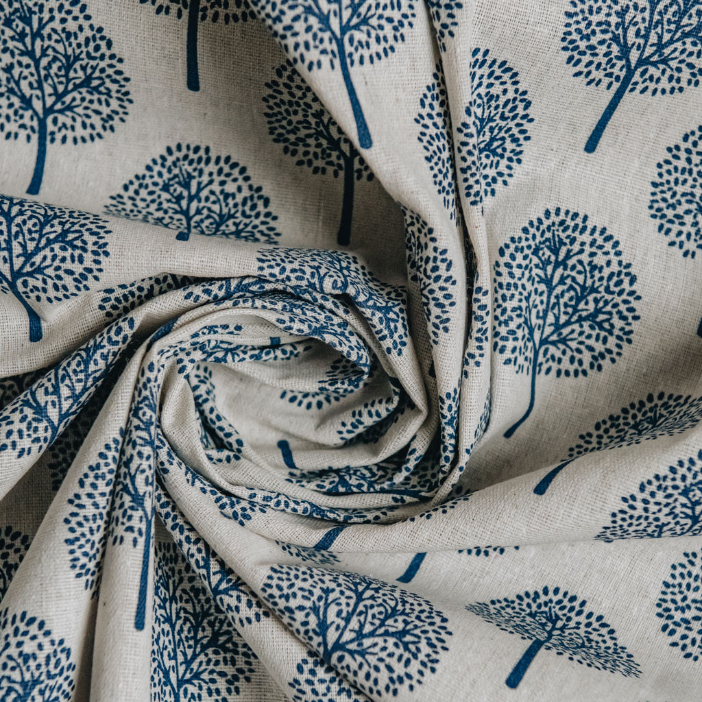 Navy Blue Tree Print on Cotton & Linen Light Canvas Fabric