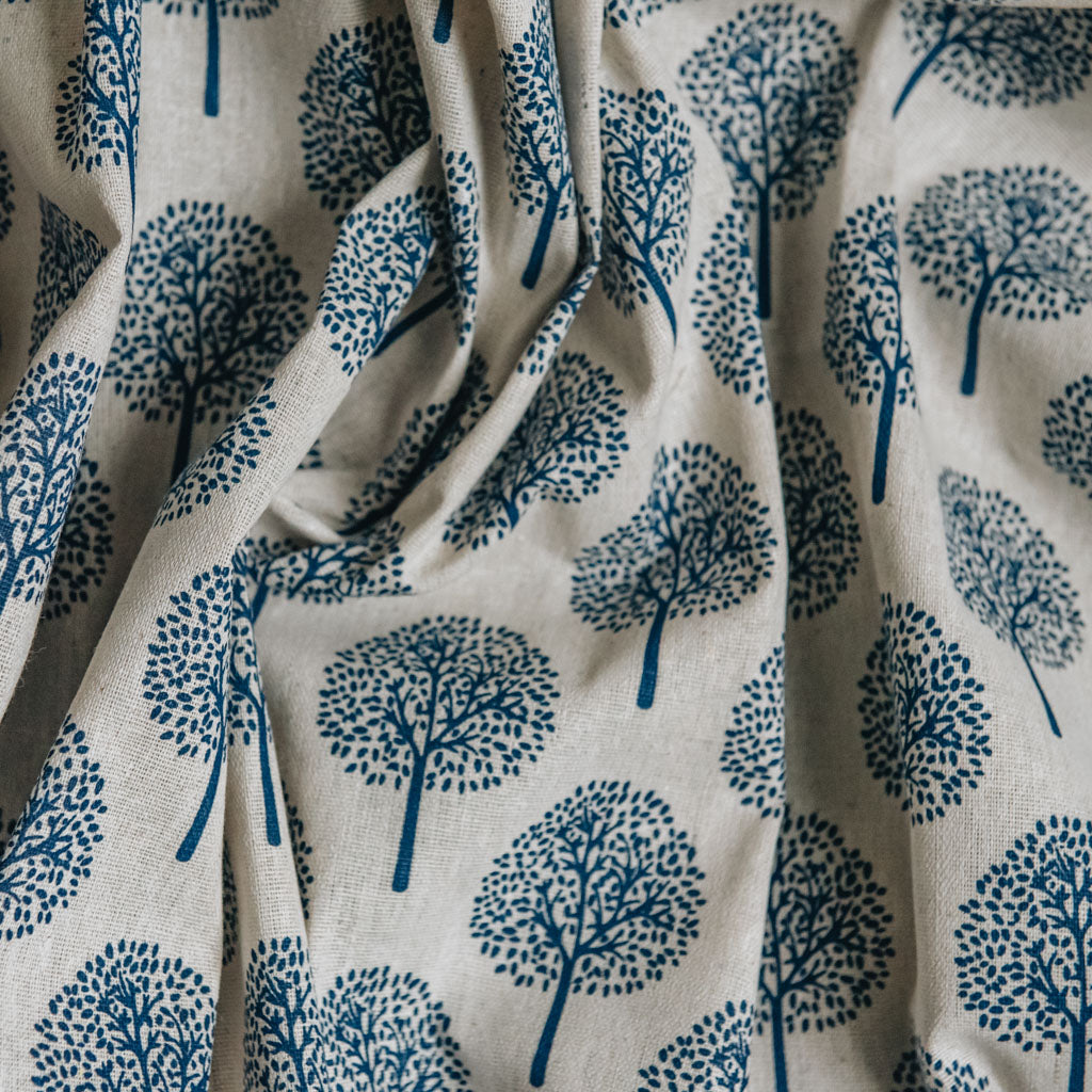 Navy Blue Tree Print on Cotton & Linen Light Canvas Fabric – On