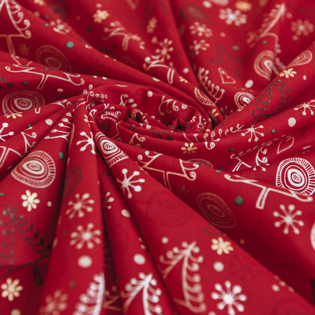 Swirly Christmas Trees and Stars Print 100% Cotton Fabric - RED