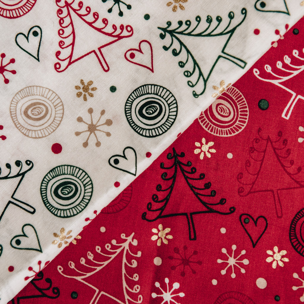 Swirly Christmas Trees and Stars Print 100% Cotton Fabric - RED
