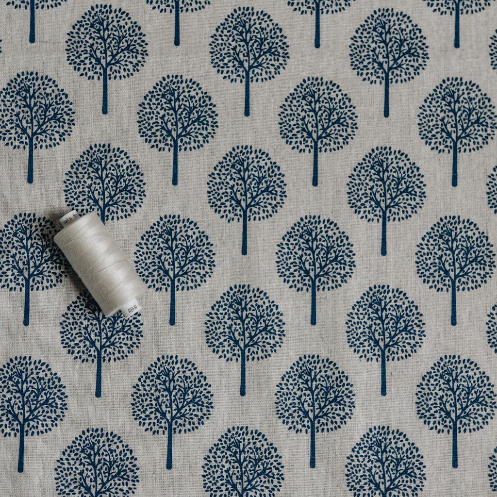 Navy Blue Tree Print on Cotton & Linen Light Canvas Fabric