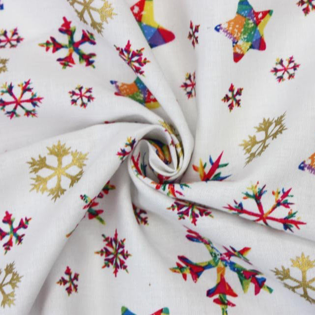 Multicoloured Rainbow Stars Digital Print Cream Christmas Fabric - 100% Cotton