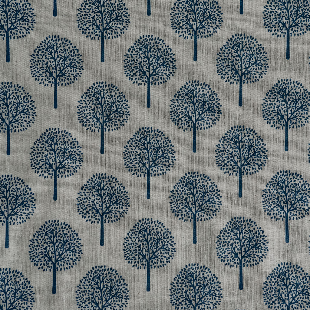 Navy Blue Tree Print on Cotton & Linen Light Canvas Fabric
