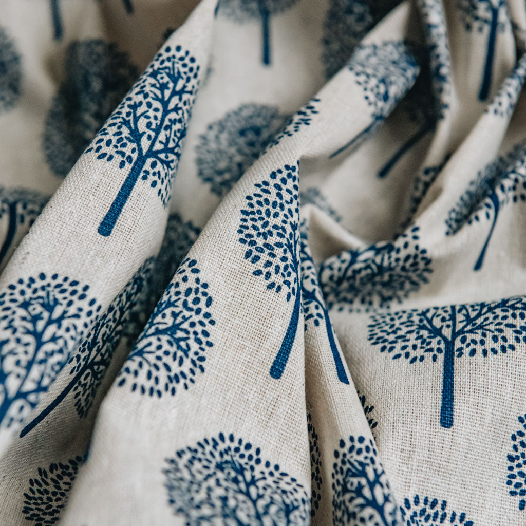 Navy Blue Tree Print on Cotton & Linen Light Canvas Fabric